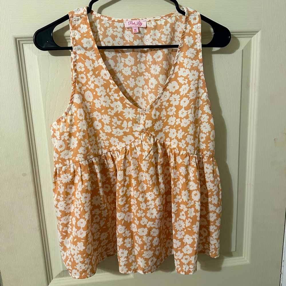Pink Lily Dusty Peach Floral Blouse Tank Top